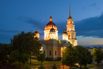 Fototapeta na wymiar View of the old Transfiguration Cathedral in late July evening. Rybinsk, Russia