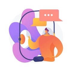 Contact, call center. Client support, help service, hotline idea. Headset with microphone, man and message boxes compositions. Stereo equipment. Vector isolated concept metaphor illustration