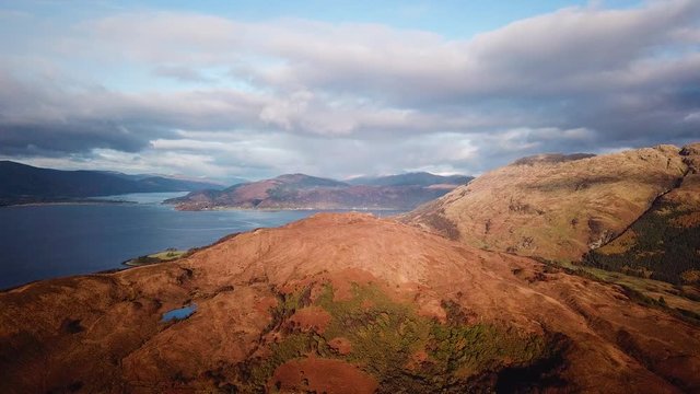 aerial footage of loch linnhe shot from duror on the west coast of scotland in the argyll region of the highlands of scotland showing corran ferry straight and shuna and lismore islands