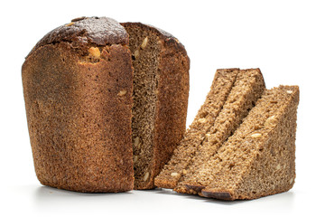Group of two halves three slices of fresh baked dark bread isolated on white background