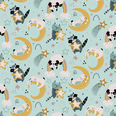 Vector seamless pattern with cute animals fliyng and sleeping on moon and rainbow.