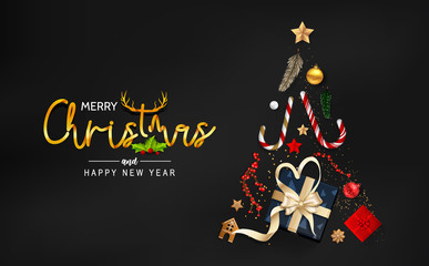 Merry Christmas and happy new year with Creative Christmas tree, fir branches, pine cones, gift boxes, holly, and string lights. Christmas greeting card vector design.