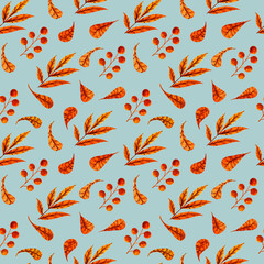 pattern of plants drawn with watercolor orange and brown colors on a light blue background
