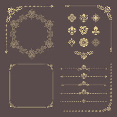 Vintage set of horizontal, square and round elements. Different elements for design, frames, cards, menus, backgrounds and monograms. Classic golden patterns. Set of vintage patterns