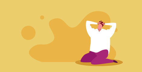 scared man holding hands on head looking unhappy negative human emotion stress depression concept man stressed headache pain sketch full length horizontal vector illustration