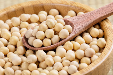 Close uo of wooden bowl full of delicious soybeans