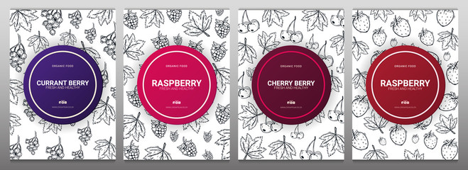 Sert of Berries banners with raspberries, strawberries, currants and cherries. Food design template with berry.