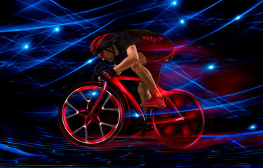 Fototapeta na wymiar Man racing cyclist on dark background