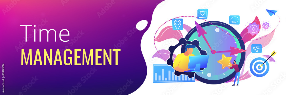 Poster businessman trying to accomplish tasks and goals on time and big clock and computer. time management