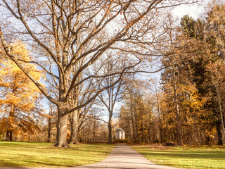 A footpath leading to a gazebo in a park in Helsinki, Finland, golden moment in the autumn nature