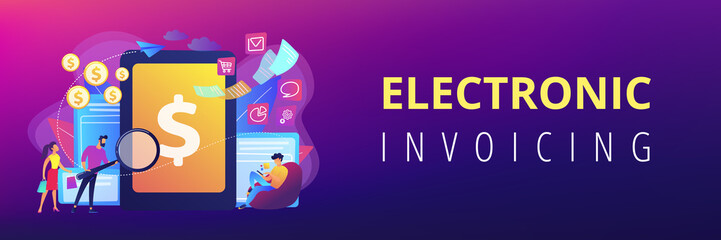 Clients with magnifier get e-invoicing and pay bills online. E-invoicing service, electronic invoicing, e-billing system and e-economy tools concept. Header or footer banner template with copy space.