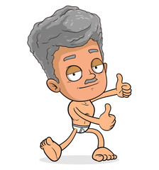 Cartoon funny standing boy character with mustache showing thumbs up gesture. Layered EPS ready for animations. Isolated on white background. Vector icon.