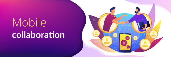 Businessmen handshaking through smartphone. Mobile collaboration, collaborative tools and mobile teamwork, mobile and innovative networking concept. Header or footer banner template with copy space.