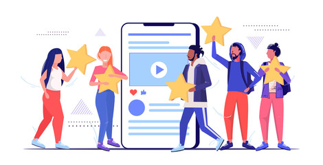 mix race people holding review stars customers rating client feedback satisfaction level concept men women using online mobile application sketch full length horizontal vector illustration