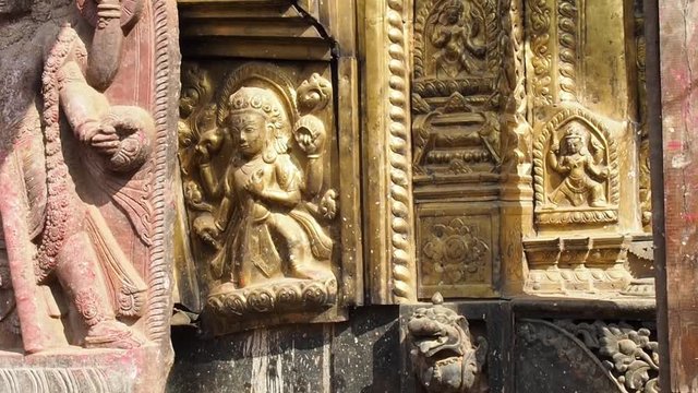 Hindu Temple Details and Ornaments, Tilt Up. Patan City, Kathmandu Nepal