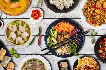 Top view composition of various Asian food