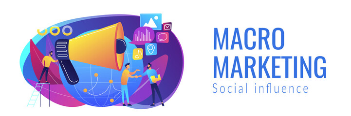 Marketing specialist with loudspeaker influence businessmen and globe. Macromarketing, social influence, global marketing strategy concept. Header or footer banner template with copy space.