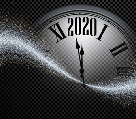 Fototapeta na wymiar Silver shiny 2020 New Year background with clock.