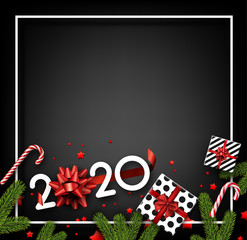 Happy New Year 2020 card with fir branches, gifts, candy and red confetti. Top view card.