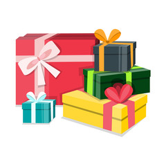 Gift boxes. Vector illustration. Pile of different colorful isometric gift boxes with ribbons isolated  in white background. Colored boxes for gifts for holidays: New Year, birthday, Valentine's Day