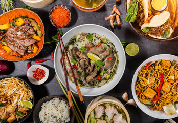 Top view composition of various Asian food in bowl