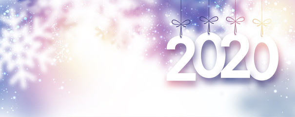 Lilac blurred 2020 New Year banner with snowflakes.