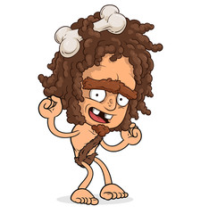 Cartoon funny wild prehistoric boy character with bone. Layered EPS ready for animations. Isolated on white background. Vector icon.