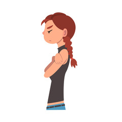Annoyed Girl with Folded Hands, Female Character Facial Emotions Vector Illustration