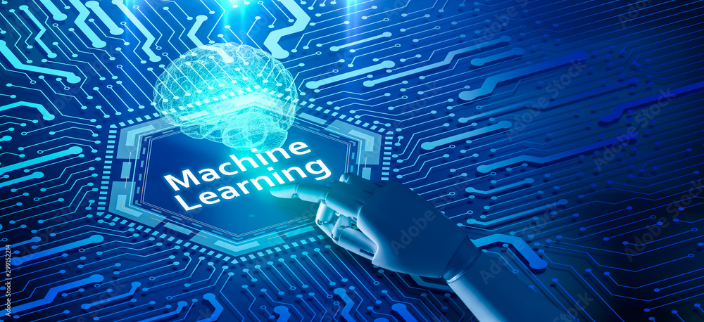 Poster robot finger point to machine learning word with blue tone image.artificial intelligence brain on bl