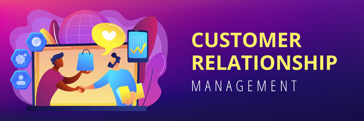 Manager shakes hands with customer, strategy for interactions with client. Customer relationship management, CRM system, CRM lead management concept. Header or footer banner template with copy space.