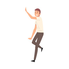 Young Man Giving High Five, Happy Smiling Guy Greeting Partner or Friend Vector Illustration