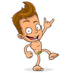 Cartoon funny standing boy character showing rock and roll gesture. Layered EPS ready for animations. Isolated on white background. Vector icon.