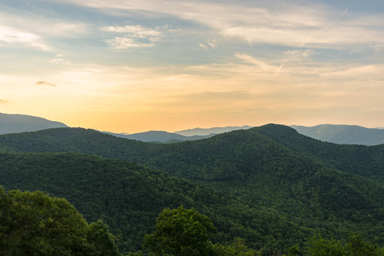 Scenic drive from Lane Pinnacle Overlook on Blue Ridge Parkway at sunrise time. © Chansak Joe A.