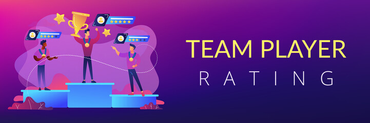 Tiny people winners sportsmen on podium with rating stars. Sports rating system, team player rating, competitive strength metrics concept. Header or footer banner template with copy space.