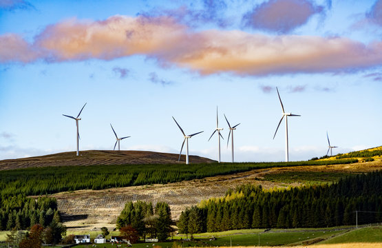 Wind turbines in the hillsand fields. UK, Scotland, Beautiful landscape