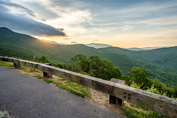 Scenic drive from Lane Pinnacle Overlook on Blue Ridge Parkway at sunrise time.