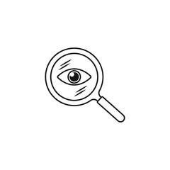 Magnifier with eye icon. Find icon, investigate concept symbol. Eye with magnifying glass. Appearance, aspect, look, view, creative vision icon. Vector illustration