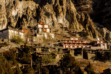 Buddhist monastery in the mountain village Braga (Braka) in Nepal, Himalayas