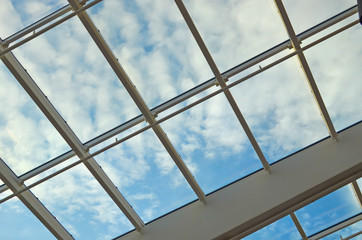 glass ceiling with window. Square shot, vintage. The shopping center, business center,