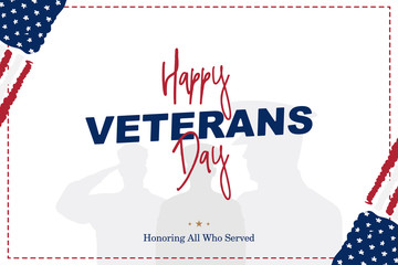 Happy Veterans Day. Greeting card with USA flag and silhouette of a soldier on the background. National American holiday event. Flat vector illustration EPS10