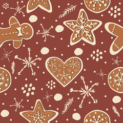 Cute Winter Seamless Pattern with gingerbread cookies.