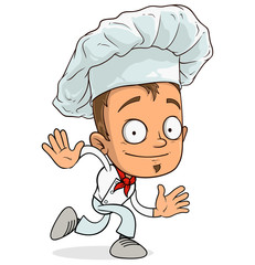 Cartoon funny running chef cook boy character in uniform and hat. Layered vector for animations. Isolated on white background. Vector icon.