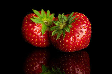 Group of two whole fresh red strawberry isolated on black glass