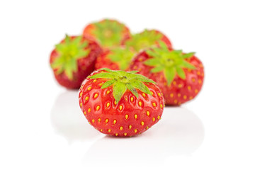 Group of six whole fresh red strawberry isolated on white background