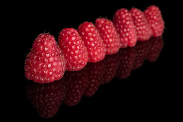 Group of seven whole fresh red raspberry isolated on black glass