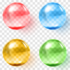 Set of multicolored transparent glass spheres with shadows