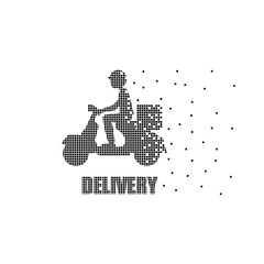 Emblem delivery. Scooter with driver consisting of pixels, vector illustration
