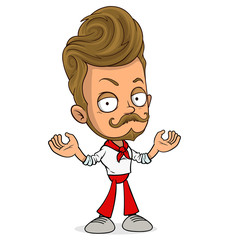 Cartoon funny stylish waiter boy character in uniform with red tie. Layered vector for animations. Isolated on white background. Vector icon.