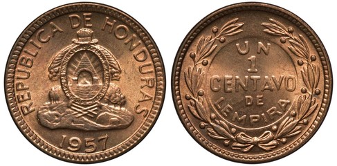 Honduras Honduran coin 1 one centavo 1957, arms, tow horns of plenty above oval shield, denomination in words within wreath,