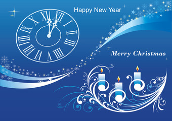2020 Merry Christmas. Background with candle, clock, pattern wave with snowflakes and stars